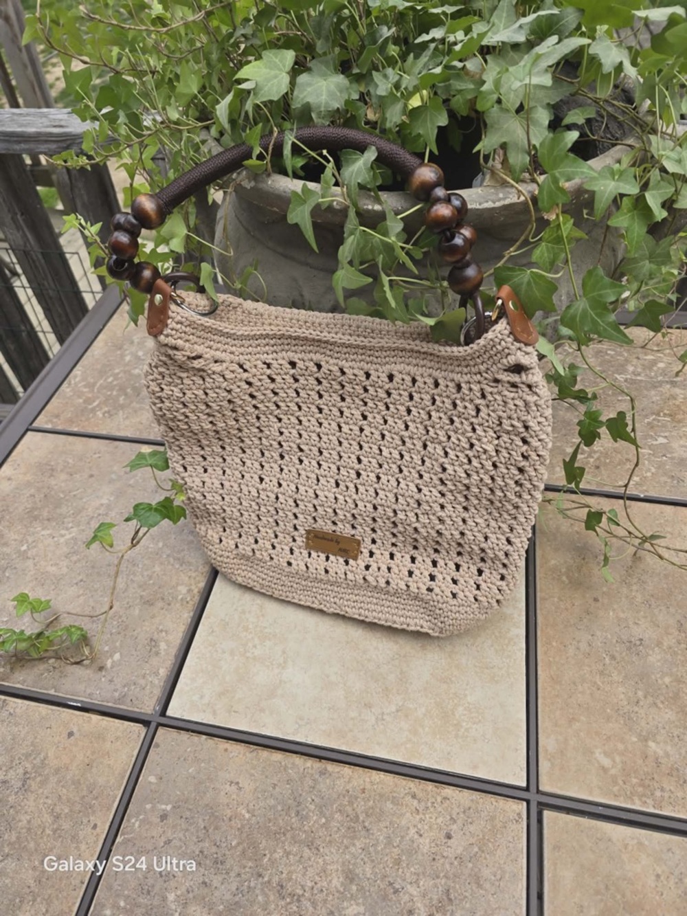 Beaded Handle Taupe Crochet Tote Bag